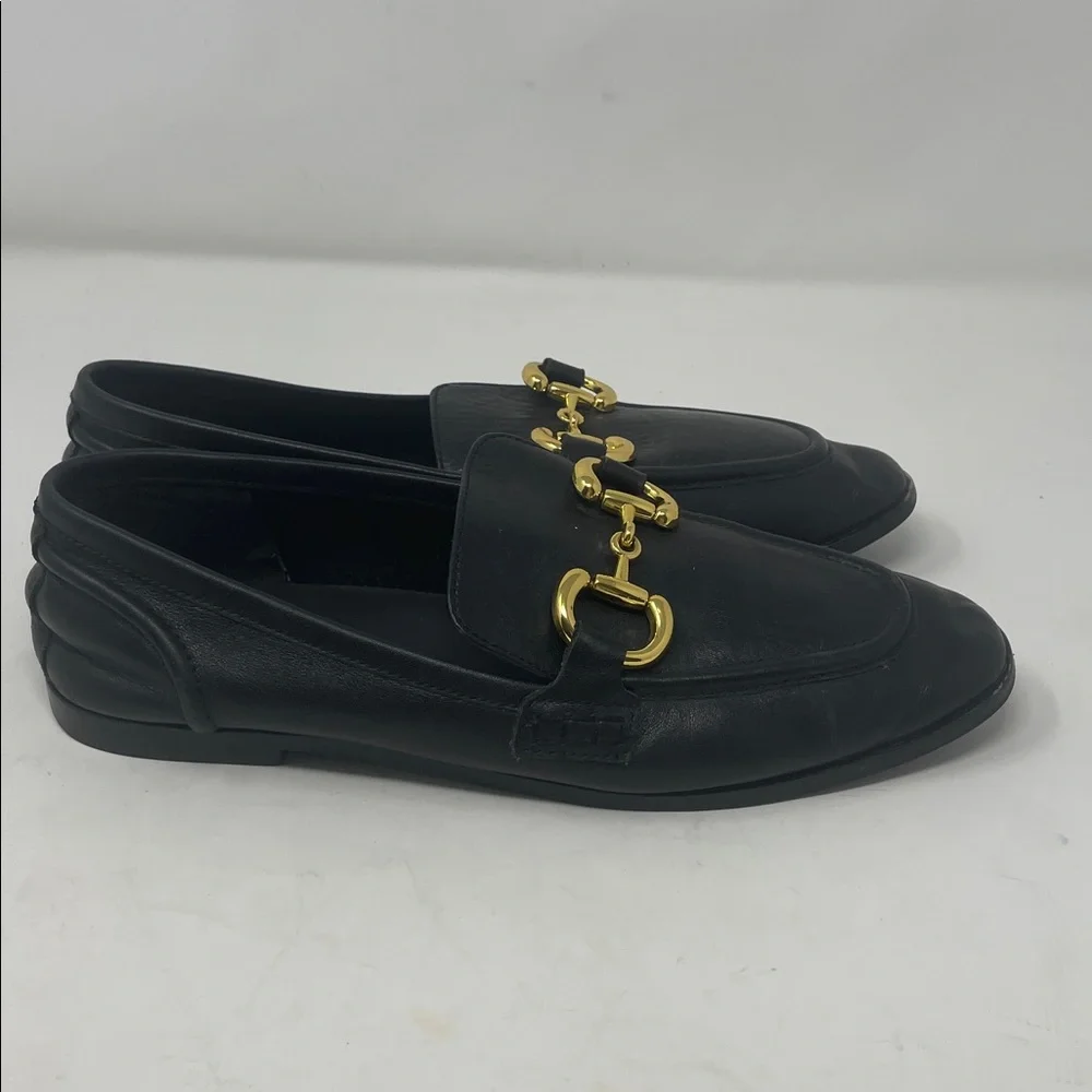 Jeffrey Campbell Black Leather Gold Accent Horsebit Slip On Loafers Size 8.5